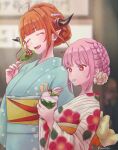  +_+ 2girls ahoge alternate_costume alternate_hairstyle aqua_kimono artist_name back_bow bangs blonde_hair blunt_bangs blurry blurry_background blush bow braid breasts closed_eyes commentary_request cup diagonal-striped_bow disposable_cup dragon_girl dragon_horns eyebrows_visible_through_hair fangs floral_print flower food french_braid fruit hair_flower hair_ornament hand_up holding holding_cup holding_food holding_spoon hololive hololive_english horn_bow horns ice_cream ice_cream_cup japanese_clothes kimono kiryu_coco kyou_fumei long_hair long_sleeves mori_calliope multicolored_hair multiple_girls open_mouth orange_hair pink_hair pointy_ears popsicle red_eyes sidelocks spoon strawberry streaked_hair striped striped_bow tied_hair upper_body utensil_in_mouth virtual_youtuber white_flower wide_sleeves 