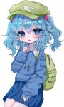 1girl backpack bag bangs blue_eyes blue_hair blue_skirt blue_sweater eyebrows_visible_through_hair fang feet_out_of_frame flat_cap green_bag green_headwear hair_bobbles hair_ornament hat index_finger_raised kawashiro_nitori key long_sleeves looking_at_viewer medium_hair open_mouth pleated_skirt puffy_sleeves renakobonb simple_background skirt solo sweater touhou twitter_username two_side_up white_background zipper 