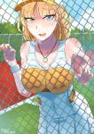  1girl 2021 absurdres artist_name blonde_hair blue_eyes breast_press breasts covered_navel eyebrows_visible_through_hair fence highres hololive hololive_english jewelry large_breasts necklace open_mouth riamu_(liam_razo) sportswear sweat tennis_court tennis_uniform virtual_youtuber watson_amelia yellow_nails 
