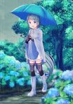 1girl bangs blue_eyes blue_footwear blue_hair blue_umbrella boots collared_shirt eyebrows_visible_through_hair flower full_body gloves highres holding holding_umbrella hydrangea kantai_collection long_hair looking_at_viewer nature open_mouth outdoors poncho puddle rain raincoat rubber_boots samidare_(kancolle) saruwatari_goshiki shirt smile solo striped swept_bangs thigh-highs tree umbrella very_long_hair walking water_drop wet wet_clothes 