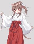  1girl animal_ears anz32 bangs blush brown_hair cat_ears cat_girl cat_tail closed_mouth commentary_request eyebrows_visible_through_hair grey_background hair_between_eyes hakama japanese_clothes kimono long_hair long_sleeves looking_at_viewer miko original pinching_sleeves ponytail red_eyes red_hakama ribbon-trimmed_sleeves ribbon_trim sidelocks simple_background sleeves_past_fingers sleeves_past_wrists smile solo tail twitter_username white_kimono wide_sleeves 