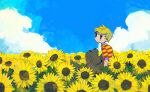  1boy blonde_hair blush boney closed_mouth clouds day dog field flower flower_field lucas_(mother_3) male_focus mother_(game) mother_3 outdoors shirt short_sleeves sky soumenhiyamugi striped striped_shirt sunflower 