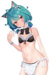  1girl ahoge animal_ears apron aqua_hair bare_shoulders bikini black_bikini bow bowtie breasts cat_ears choker cowboy_shot frilled_bikini frilled_choker frills front-tie_bikini front-tie_top hair_ornament halterneck highres hololive k_mugura kemonomimi_mode looking_at_viewer maid_apron maid_bikini navel red_eyes short_hair short_twintails simple_background small_breasts smile solo stomach string_bikini swimsuit twintails uruha_rushia virtual_youtuber waist_apron wet white_background wrist_cuffs 