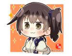  1girl :3 artist_name black_hair brown_eyes chibi commentary_request japanese_clothes kaga_(kancolle) kantai_collection long_hair orange_background side_ponytail solo sparkle square taisa_(kari) tasuki twitter_username two-tone_background upper_body white_background 