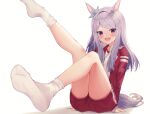  1girl :d absurdres animal_ears aqua_ribbon bangs bitseon blush commentary_request earrings eyebrows_visible_through_hair fang feet highres horse_ears horse_girl jacket jewelry legs long_sleeves looking_at_viewer mejiro_mcqueen_(umamusume) no_shoes open_mouth purple_hair red_jacket red_shorts ribbon short_shorts shorts sitting smile socks soles solo swept_bangs track_jacket umamusume violet_eyes white_background 