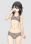  1girl bangs black_eyes black_hair bow bow_bra bow_panties bra commentary_request cowboy_shot crotch_seam flat_chest grey_background grey_bra grey_panties half-closed_eyes looking_to_the_side maburu_(lojyq1eur3e8bit) medium_hair messy_hair navel open_mouth original panties simple_background sleepy solo standing tearing_up underwear underwear_only yawning 