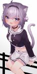  1girl :d animal_ears blush breasts cat_ears cat_girl cat_tail collar collarbone commentary_request eringikinono eyebrows_visible_through_hair fang hairband highres hololive long_sleeves looking_at_viewer midriff navel nekomata_okayu open_mouth purple_hair sailor_collar shorts simple_background sitting smile solo tail violet_eyes virtual_youtuber white_shorts 