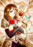  book brown_hair butterfly chain chains cross lock long_hair mitakarat original red_eyes shield solo 