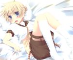  bad_id bed blonde_hair blue_eyes blush kagamine_len kneehighs lying male necktie open_mouth pillow ponytail shorts socks vocaloid 