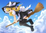  :d blonde_hair broom broom_riding cloud hat kirisame_marisa long_hair looking_back maru54 mary_janes open_mouth shoes smile thigh-highs thighhighs touhou witch_hat yellow_eyes zettai_ryouiki 