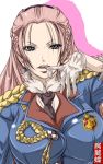  big_breasts blue_eyes earrings female gloves long_hair madhatter_hello military_uniform necktie pink_hair senjou_no_valkyria senjou_no_valkyria_2 solo uniform yuliana_eberhart 