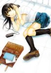  bag black_hair book digital_media_player earphones kneehighs legs loli long_hair lying mitakarat mp3_player original school_uniform socks solo yellow_eyes 