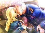  1girl ailala blonde_hair blue_eyes breasts closed_eyes coach couch couple fullmetal_alchemist hair_over_one_eye long_hair miles miles_(fullmetal_alchemist) military military_uniform olivier_armstrong olivier_mira_armstrong uniform white_hair 