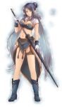  bangs blue_hair boots breasts bustier cleavage cleavage_cutout elf gloves highres judith lance lingerie long_hair midriff miniskirt navel o_guma oguma_(rapture) pointy_ears polearm purple_eyes skirt solo tales_of_(series) tales_of_vesperia underwear violet_eyes weapon white_gloves 
