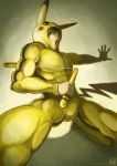  1boy bruce_lee cosplay crossover fighting_stance manly muscle nunchaku parody pikachu pikachu_(cosplay) pokemon ry-spirit weapon 
