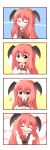  4koma :d chibi closed_eyes comic head_wings highres koakuma necktie open_mouth red_eyes red_hair silent_comic smile sparkle sweatdrop touhou tsundere uruc vest wings 
