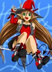  ahoge broom broom_riding demon_tail dress earrings green_eyes hand_on_hat hat inanaki_shiki jewelry kyon_feulion long_hair open_mouth pointy_ears red_eyes red_hair smile solo super_robot_wars super_robot_wars_og_saga_mugen_no_frontier tail witch_hat 