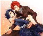  1girl baccano! black_hair chane_laforet claire_stanfield couple dress elbow_gloves gloves kamu kamu_(camui) knife red_hair redhead short_hair 