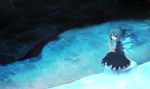  blue_hair bow cirno glowing hair_bow highres ice lake popsicle rexlent short_hair sitting touhou wading water wings 
