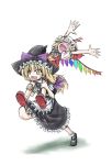  &gt;:) &gt;:d \o/ aozora_market apron arms_up blonde_hair bow carrying fangs flandre_scarlet hair_bow happy hat hat_bow kirisame_marisa mary_janes open_mouth outstretched_arms piggyback running shoes shoulder_carry smile touhou waist_apron wings witch witch_hat yellow_eyes 