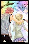 belt blonde_hair casual cat couple fairy_tail from_behind happy_(fairy_tail) lucy_heartfilia lucy_heartphilia natsu_dragneel petals pink_hair scarf side_ponytail skirt sleeveless spiked_hair spiky_hair tattoo vest wings wristband 