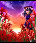  flower green_hair hand_on_hat hat higanbana letterboxed qontamblue rod_of_remorse shikieiki_yamaxanadu short_hair skirt spider_lily sunset touhou 