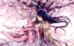  closed_eyes hair_ribbon highres japanese_clothes kimono long_hair onineko petals pink_hair purple_hair ribbon smile wallpaper 