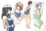  adjusting_swimsuit armpits ass barefoot black_hair brown_hair competition_swimsuit feet legs michael multiple_girls one-piece_swimsuit original sketch smile swimsuit 