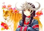  black_hair braid chinese_clothes crown flower lips long_hair mitakarat orange_eyes original solo tiger twin_braids 