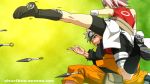  ass bag bandages blonde_hair blue_eyes boots duo female green_eyes haruno_sakura headband jumping jumpsuit kicking kunai male naruto pink_hair sandals shoes short_hair shorts shuriken_(artist) skirt spiky_hair throwing uzumaki_naruto weapon 