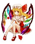  blood flandre_scarlet hat looking_at_viewer mary_janes red_eyes shoes short_hair side_ponytail simple_background sitting smile tachibana_(pixiv932066) tachibana_amane_(amane01a) touhou wings 