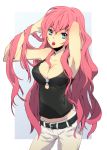  alternate_costume armpits bad_id blue_eyes breasts casual cherry cleavage face food fruit hirasaka_(okome13) holding holding_fruit large_breasts long_hair megurine_luka mouth_hold pink_hair simple_background tank_top very_long_hair vocaloid 