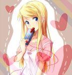  blonde_hair blue_eyes fullmetal_alchemist gift heart holding holding_gift long_hair looking_at_viewer multicolored_eyes red_string riru solo valentine winry_rockbell 