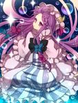  1girl bad_id bangs bow bubble crescent forehead hair_bow hat long_hair magic masaru.jp multicolored_eyes patchouli_knowledge pink_eyes purple_eyes purple_hair sparkle striped touhou 