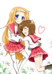   blue_eyes brown_hair closed_eyes hairband hug kusakabe_misao long_hair lucky_star migu_(migu_room) minegishi_ayano orange_hair school_uniform serafuku short_hair  