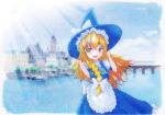  apron bad_id blonde_hair braid bridge buttons cloud dress hair_ribbon hand_on_hat hat kirisame_marisa long_hair mayo_riyo paint_(medium) ribbon river sky smile solo touhou town traditional_media witch witch_hat yellow_eyes 