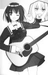  2girls black_hair blush guitar highres instrument kawamura_reo long_hair monochrome multiple_girls peko sawaguchi_mai scan sono_hanabira_ni_kuchizuke_wo sweatdrop wink 