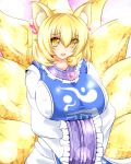  animal_ears bad_id blonde_hair breasts fox_ears fox_tail hair_bobbles hair_ornament hands_in_sleeves huge_breasts multiple_tails no_hat no_headwear open_mouth syroh tail touhou twintails yakumo_ran yellow_eyes 