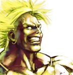 blonde_hair broly dragon_ball dragon_ball_z earrings grin iroisaac jewelry male manly muscle no_pupils signature simple_background smile solo super_saiyan teeth veins 