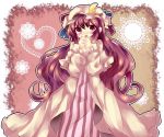 1girl blush crescent doily hands_clasped hat heart long_hair no_nose open_mouth patchouli_knowledge purple_eyes purple_hair robe solo touhou uranaishi_(miraura) 