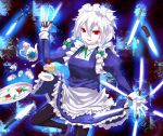  danmaku food izayoi_sakuya knife maid maid_headdress pastry red_eyes short_hair silver_hair soubi tea_set thighhighs touhou 