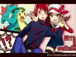  1boy 1girl :d abe_(f!mixture) alternate_costume bayleef blush brown_eyes brown_hair english feraligatr hat hat_ribbon kotone_(pokemon) open_mouth pokemon pokemon_(creature) pokemon_(game) pokemon_gsc red_eyes red_hair red_ribbon redhead ribbon silver_(pokemon) silver_(pokemon)_(remake) smile 