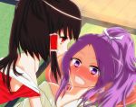  2girls black_hair hakurei_reimu meira open_mouth purple_hair touhou touhou_(pc-98) yuri 