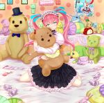  bed gothic_lolita hairband highres kazeno lolita_fashion original pink_hair pout sitting solo stuffed_animal stuffed_toy teddy_bear twintails 