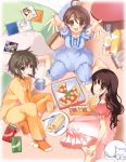  ahoge arms_up barefoot bed bedroom brown_eyes brown_hair cake cat cd cup feet food foreshortening fork glass highres long_hair mouth_hold mug multiple_girls open_mouth original outstretched_arms outstretched_hand pajamas pan_(mimi) pizza plate pocky reaching short_hair sitting sleepover smile wariza 