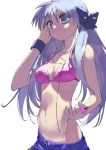  bikini_top blue_eyes casual collarbone digital_media_player hair_ribbon headphones hiiragi_kagami ipod kusaka kusaka_souji long_hair lucky_star midriff mound_of_venus navel purple_hair ribbon tsurime twintails 