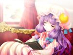  bow closed_eyes couch crescent curtains hair_bow hat long_hair patchouli_knowledge purple_hair sleeping solo sunbeam sunlight touhou tsukasaki_aoi window 