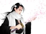  black_hair bleach japanese_clothes kuchiki_byakuya lips long_hair male petals scarf solo sword weapon 