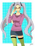  earrings glasses grey_hair hair_bobbles hair_ornament jewelry lips long_hair milcho original red_eyes solo sweater thigh-highs thighhighs twintails very_long_hair zettai_ryouiki 