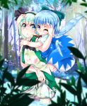  2girls bloomers blue_eyes blue_hair bow cirno forest green_eyes green_hair hair_bow hairband hug ice ice_wings konpaku_youmu multiple_girls nature partially_submerged see-through short_hair t.o.d touhou underwear water wet wings wink 